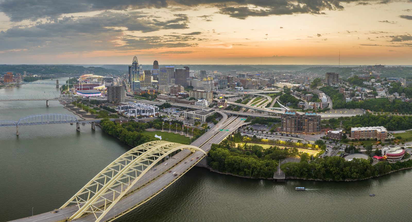 Cincinnati aerial skyline at sunset