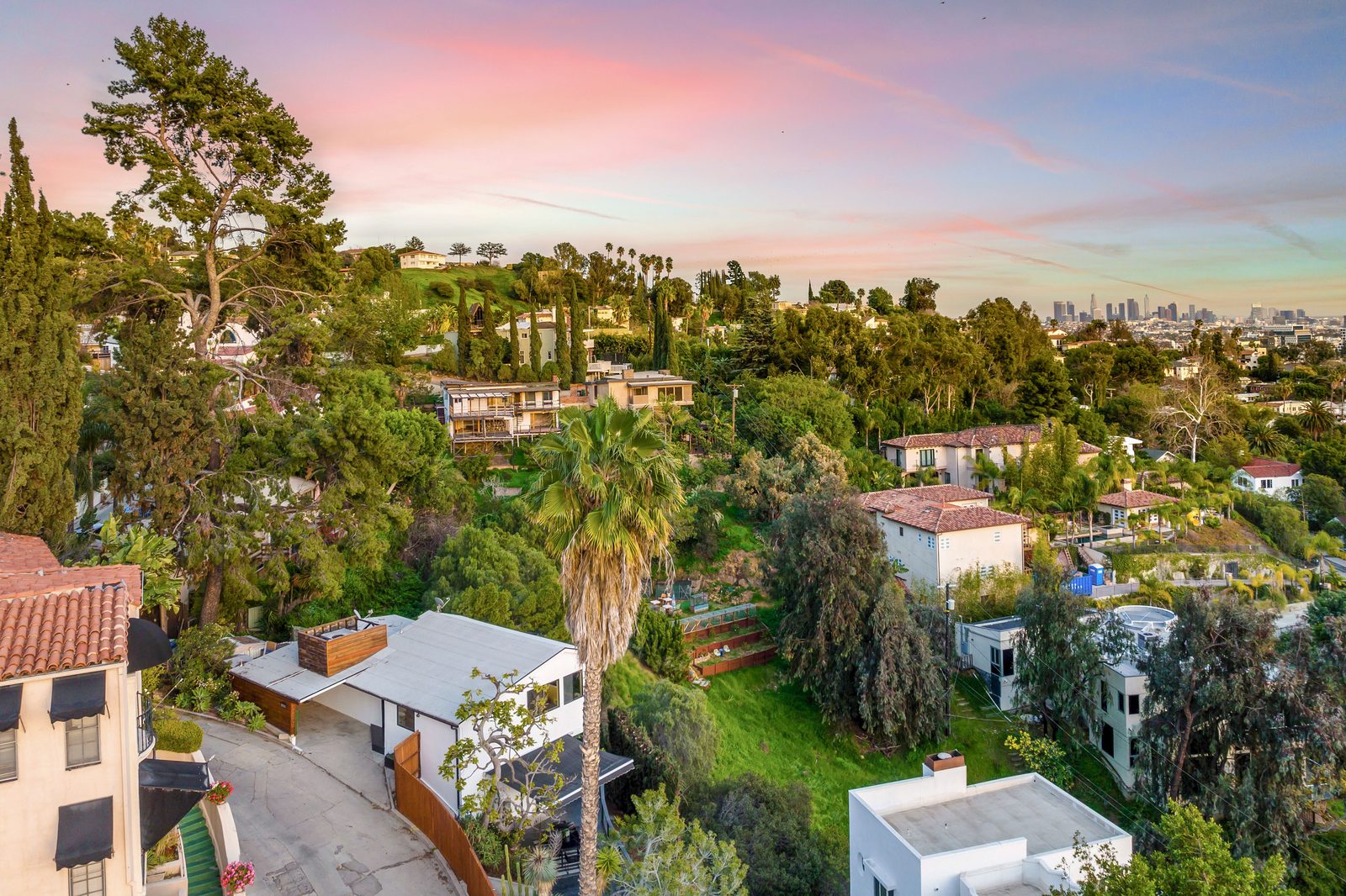 Los Angeles neighborhood aerial at dusk